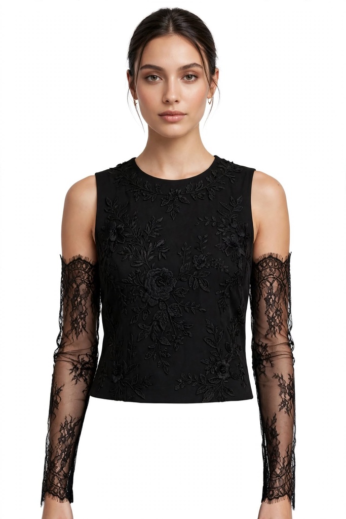 [FURRNB-002] Elysian Elegance Top BLACK - Sleeveless Embroidered Top with Sheer Lace Arm Sleeves | Furrln