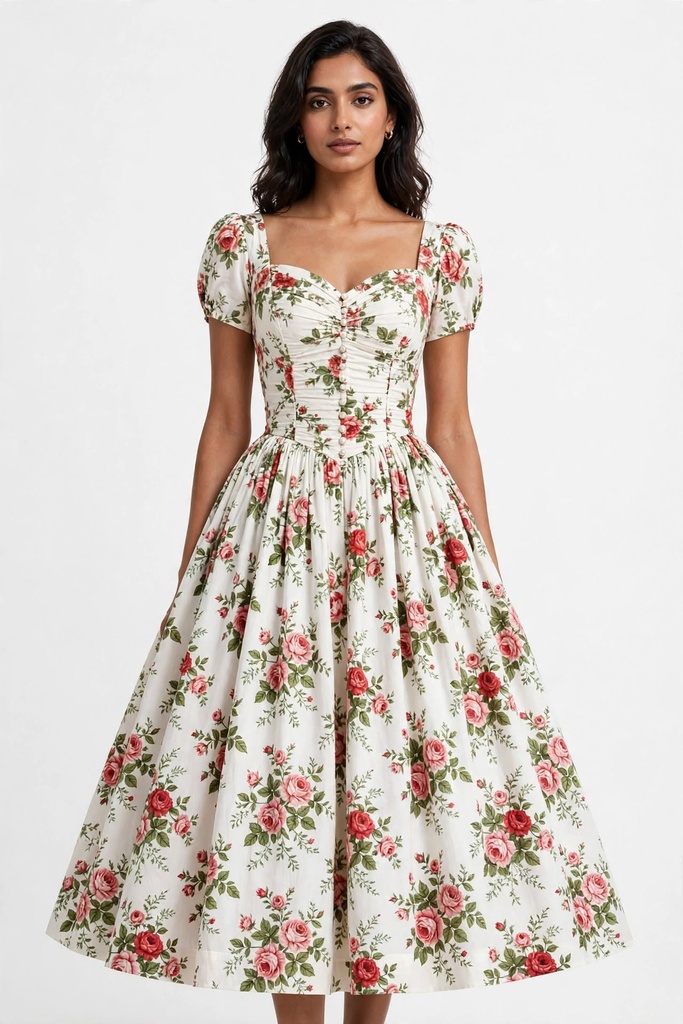 Vintage White Rose Garden Dress - Floral Midi | Premium Pakistani | Furrln