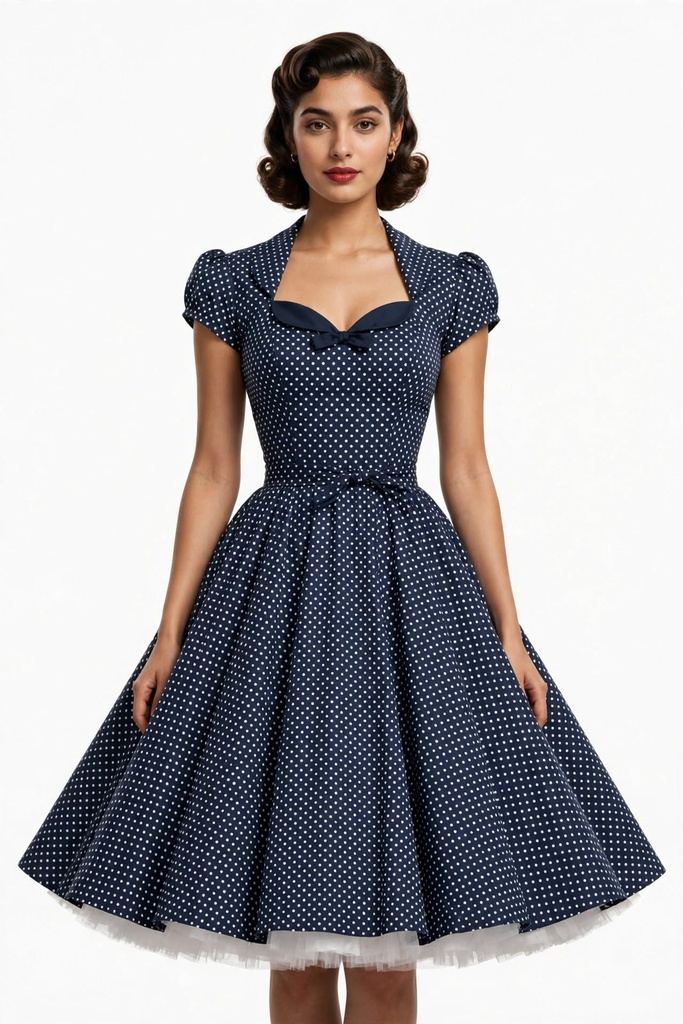 [FURRNB-010] Vintage 1950s Style Swing Dress - Navy Polka Dot Pin-Up | Furrln