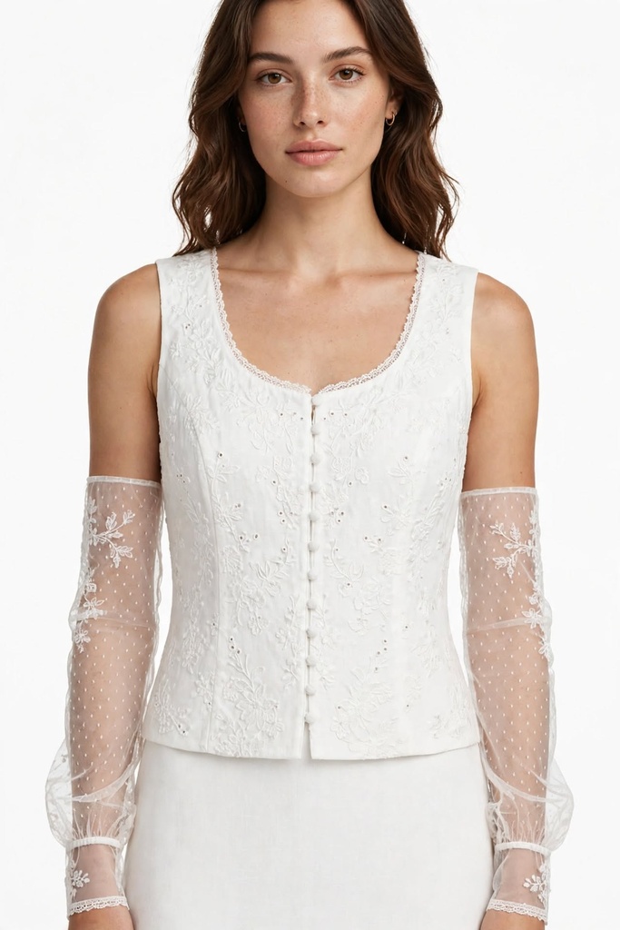 [FURRNB-001] Elysian Elegance Sleeveless Arm-Covered Top - White Embroidered Corset with Sheer Lace Arm Sleeves | Furrln