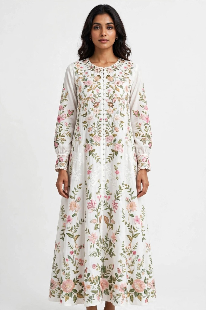 [FURRNB-015] Furrln Bloom Embroidered Floral Frock - White Pakistani Luxury Lawn | Premium Eid Collection