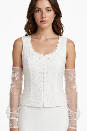 Elysian Elegance Sleeveless Arm-Covered Top - White Embroidered Corset with Sheer Lace Arm Sleeves | Furrln