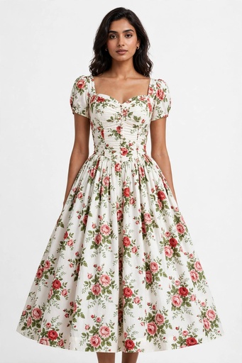 Vintage White Rose Garden Dress - Floral Midi | Premium Pakistani | Furrln