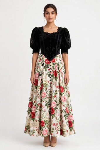 Vintage Black Top Rose Garden Dress